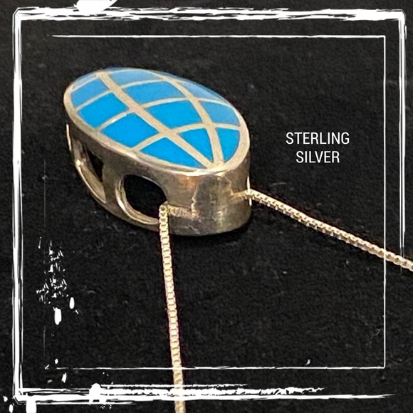 Turquoise Inlay Sterling Silver Oval Pendant Necklace - Picture 7 of 9